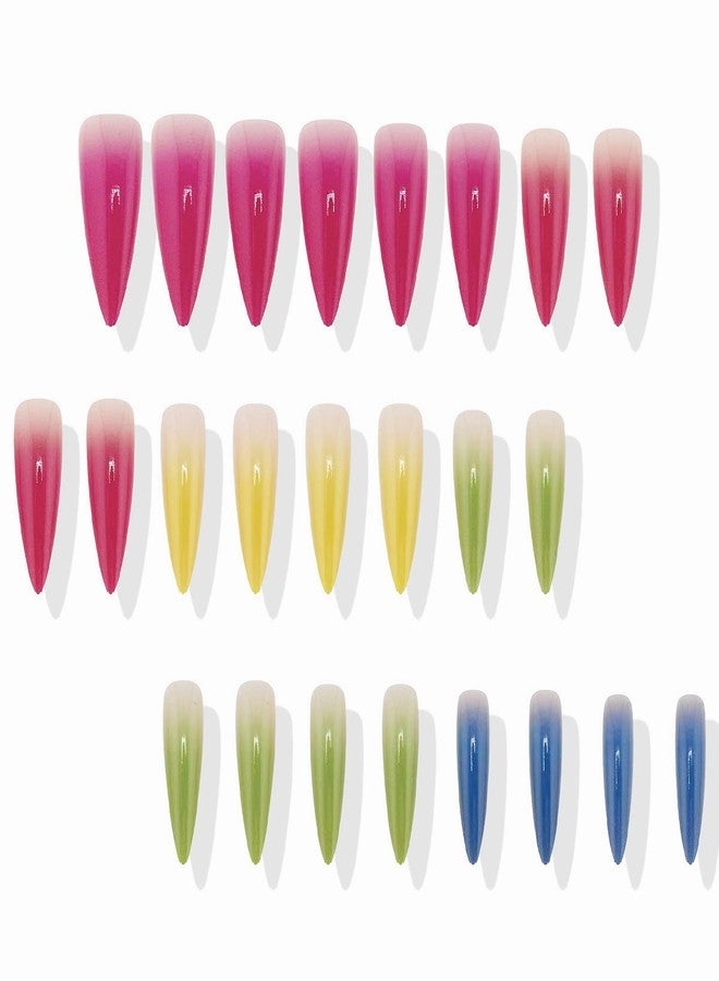 MISUD Press on Nails - Long Stiletto Glue on Nails with Summer Colorful, Acrylic Rainbow Design 24 pcs - Image 3